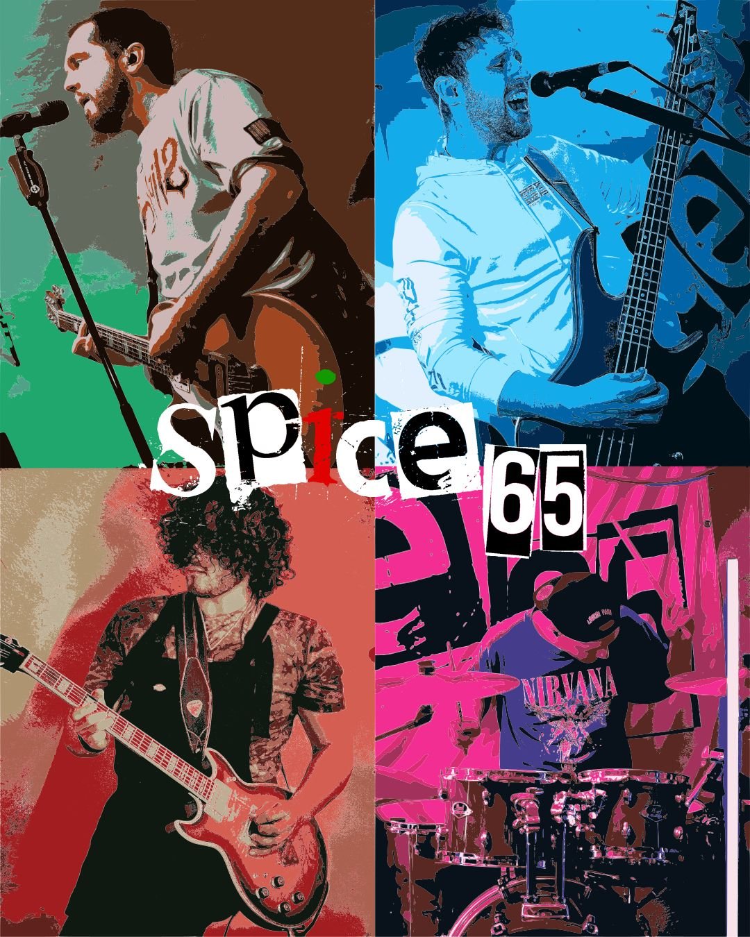 Collage of four musicians playing instruments, with the words 'space 65' overlaid.