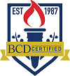 Logo with a shield, flame, and the text 'BCD Certified' and 'Est. 1987'
