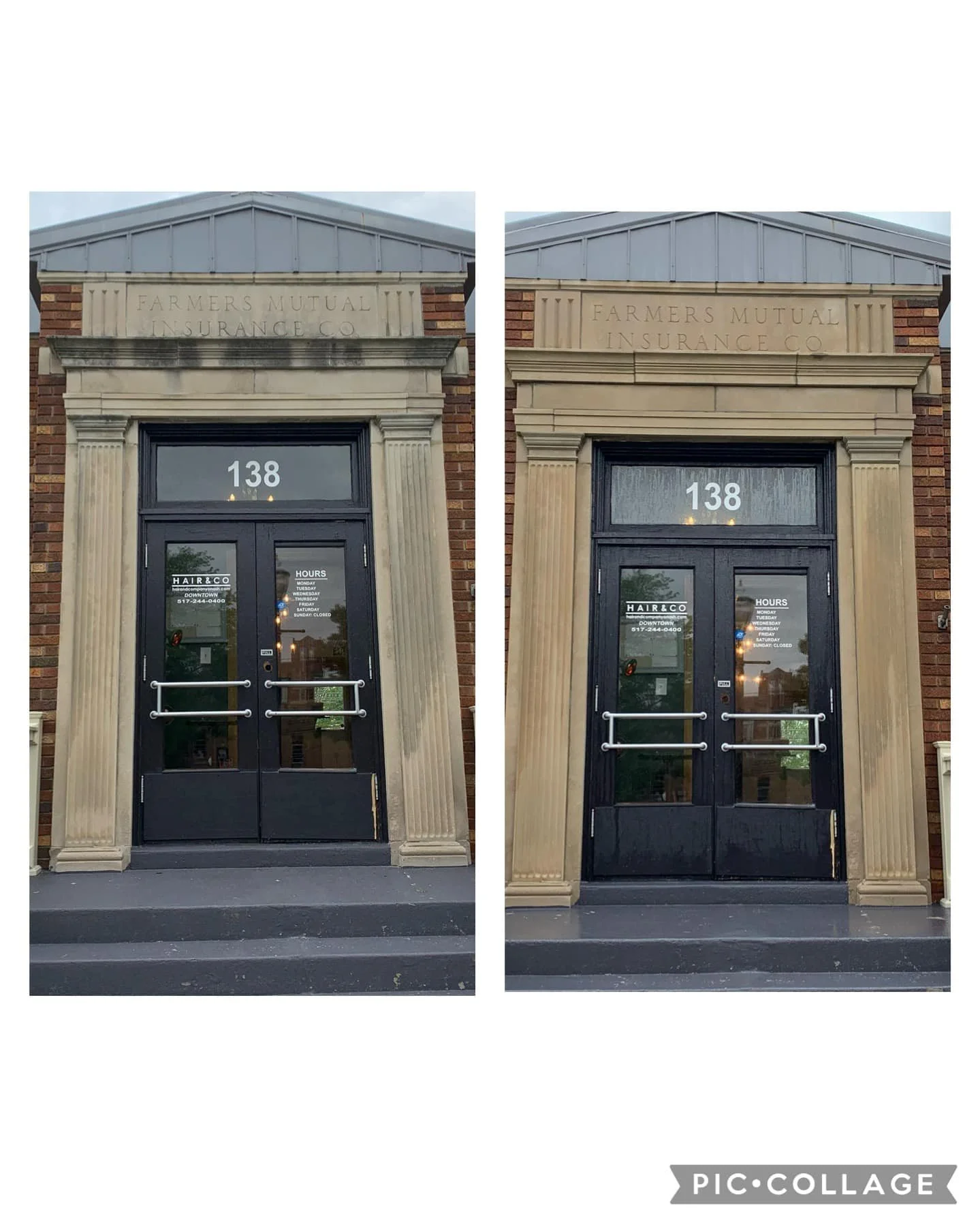 Side-by-side comparison of a building entrance with a black door, an address number 138, and a sign above that reads Farmers Mutual Insurance Co. The left side shows the original image with a dark stain or burn mark above the door and some black streaks on the stone element. The right side shows the edited image with the stain removed.