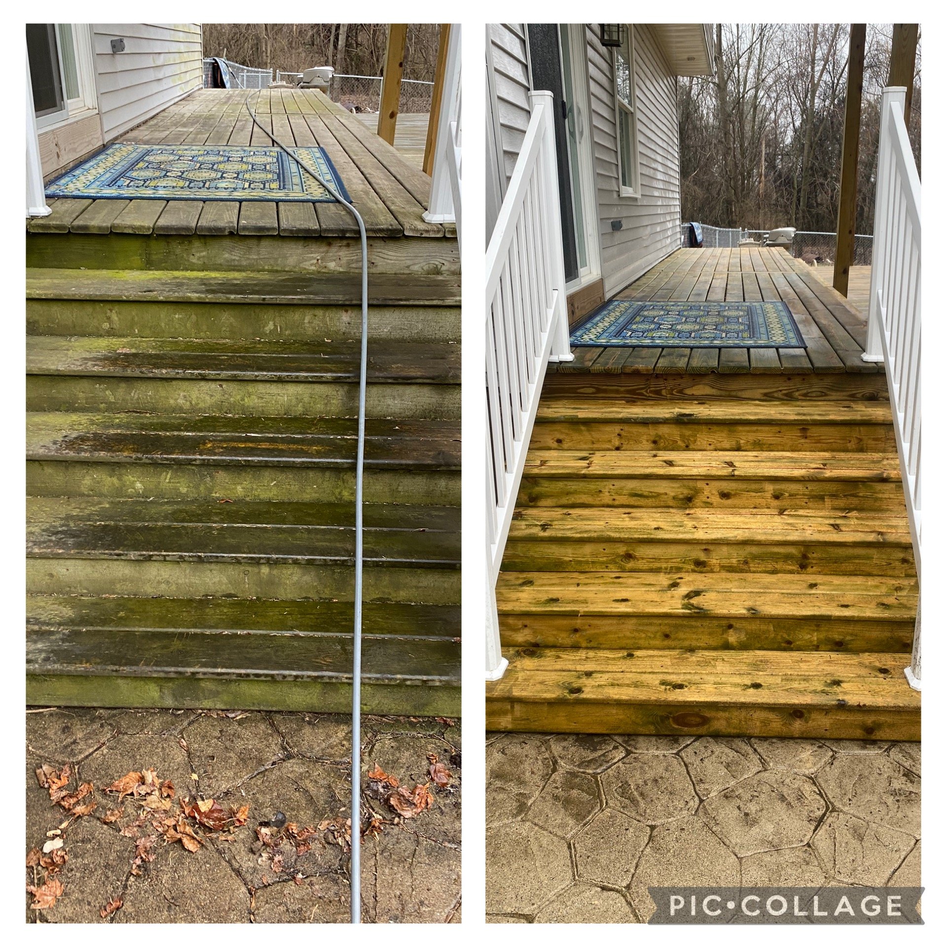Side-by-side comparison of a wooden deck before and after cleaning and restoration. The left side shows a worn, mossy, and leaf-covered deck, while the right side reveals a clean, bright, and sealed wooden surface. A small rug is present on the deck in both images, and the background features a house with outdoor equipment and a wooded yard.
