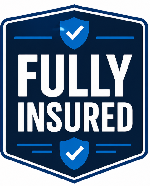A badge with a shield icon at the top and bottom, and the words 'Fully Insured' in bold white letters on a dark blue background.
