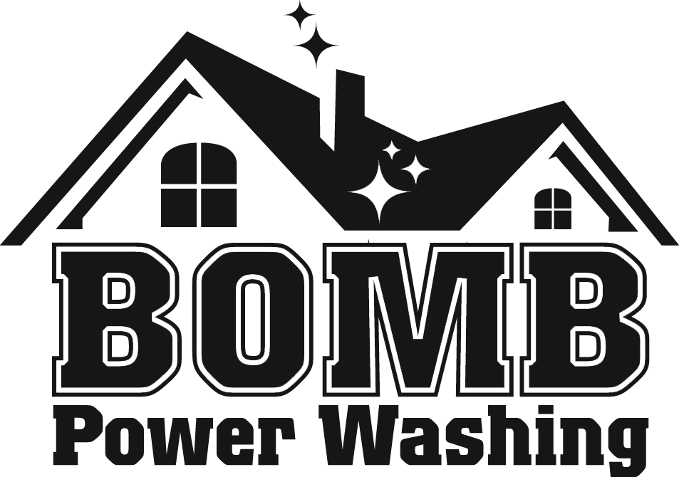 Logo for BOMB Power Washing featuring a house with a chimney and stars.