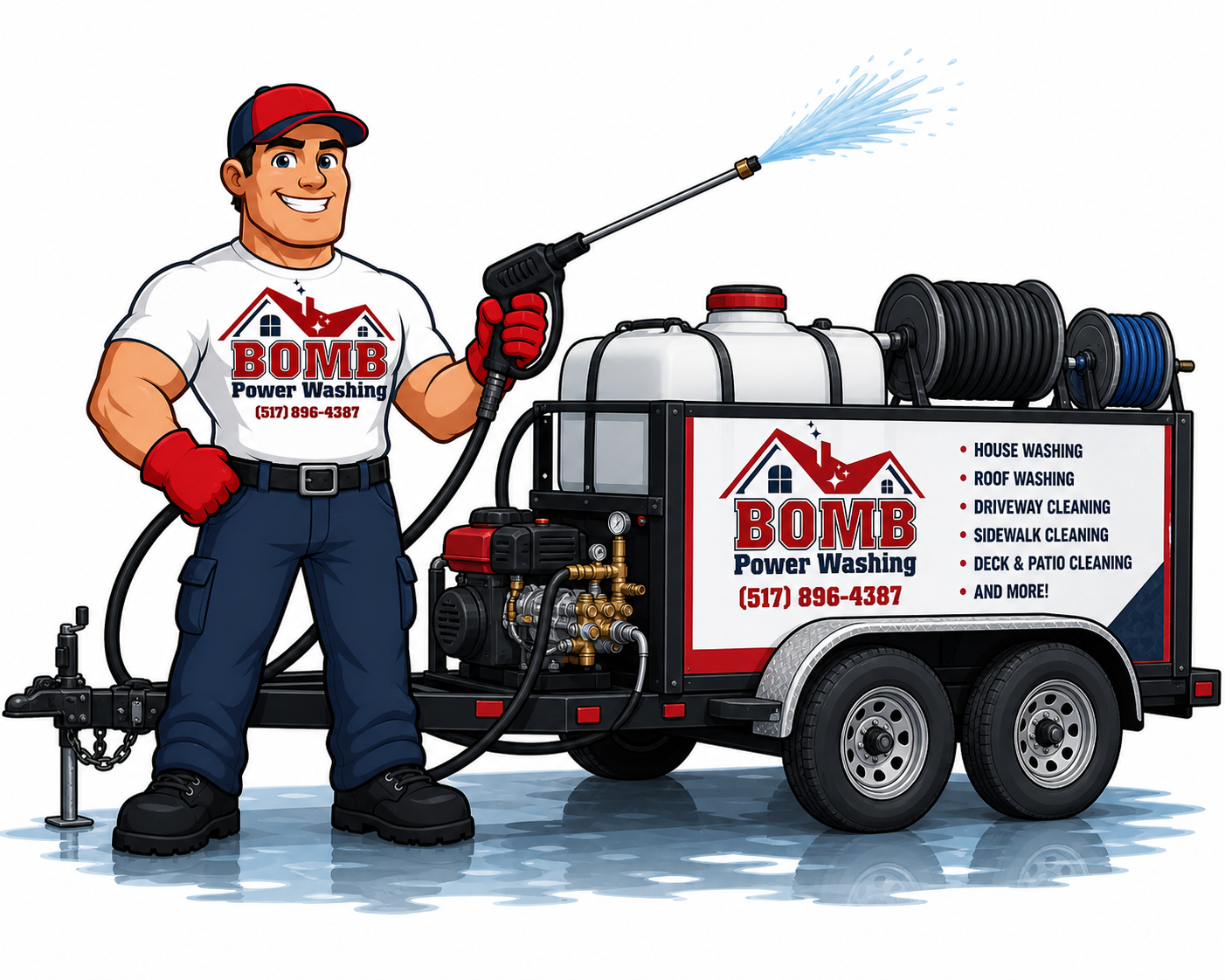 Illustration of a man in a white shirt, blue pants, and red gloves, standing next to a power washing machine trailer, holding a spray spray wand. The trailer advertises 'Bomb Power Washing' with a list of cleaning services and a phone number.