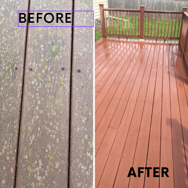 Side-by-side comparison of a wooden deck before and after cleaning and staining. The 'before' image shows weathered, mossy wood, while the 'after' image displays a clean, stained, and polished wooden deck with a fence in the background.