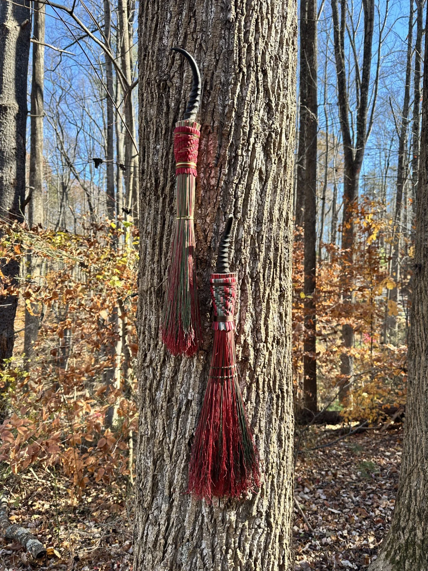 Two traditional herbal medicine or ritualistic objects with woven and fringed design, hung on the trunk of a tree in a forest during fall.