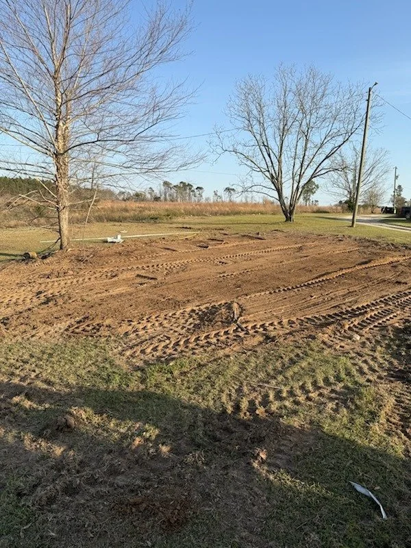 A dirt area with tire tracks, bare trees, and a clear blue sky in a rural setting.