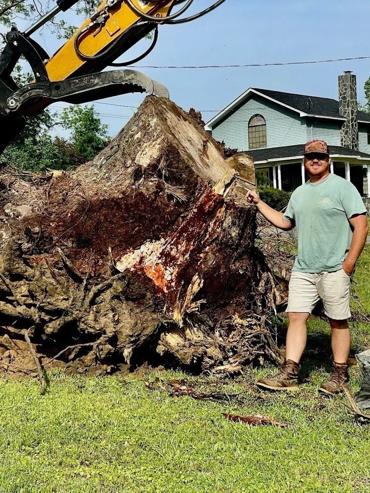 A man standing outdoors next to a large uprooted tree with exposed roots and trunk, using a piece of climbing equipment, in front of a house with a green lawn and trees.