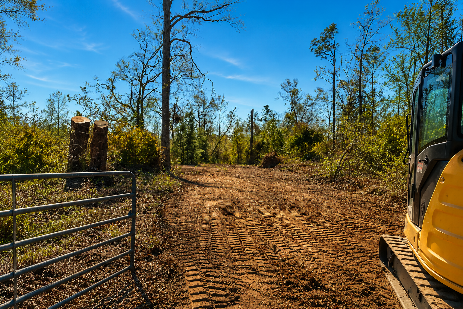 A cleared construction site with tire tracks in the dirt, a metal gate on the left, and part of a yellow excavator on the right, surrounded by trees and bushy vegetation under a clear blue sky.