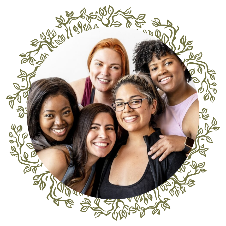 Group of five diverse women smiling and posing together, close-up shot.
