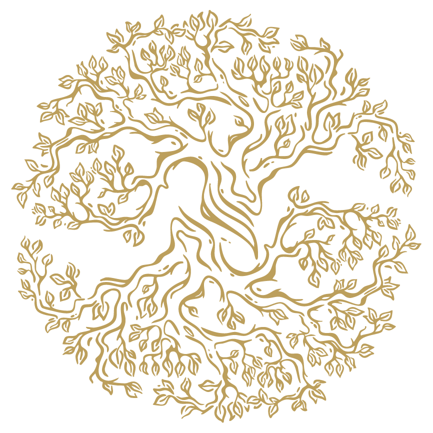 Gold outline of a tree with many branches and leaves on a black background, forming a circular shape.