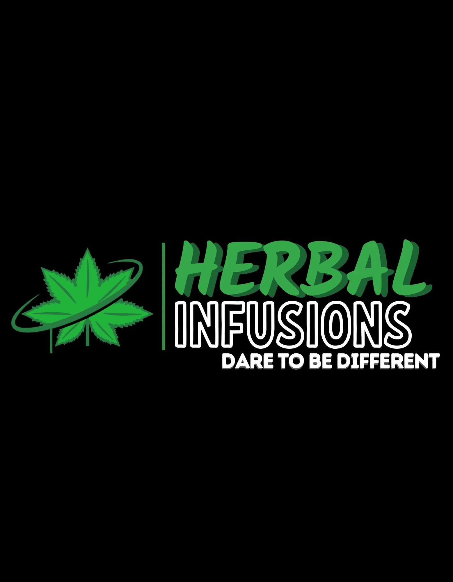 Green herbal leaf graphic with the words 'Herbal Infusions' and the tagline 'Dare to Be Different' on a black background.