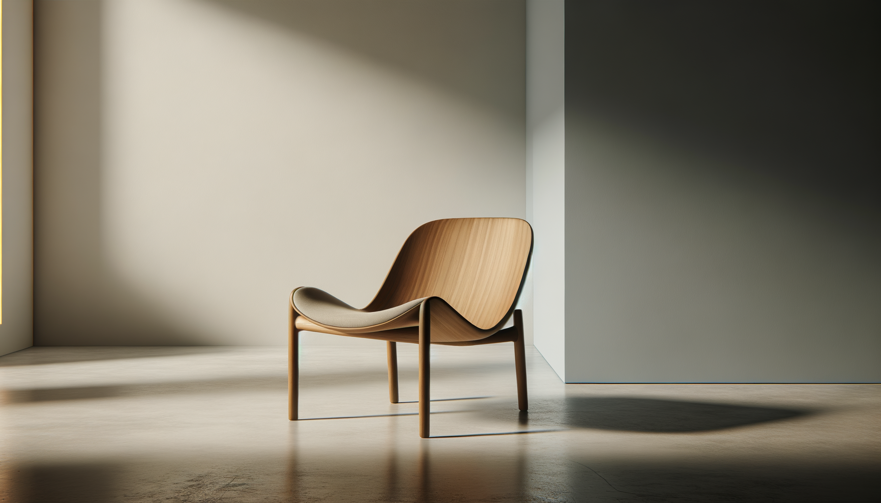 A modern wooden chair with a cushioned seat, positioned in a minimalist room with sunlight casting shadows on the floor and walls.