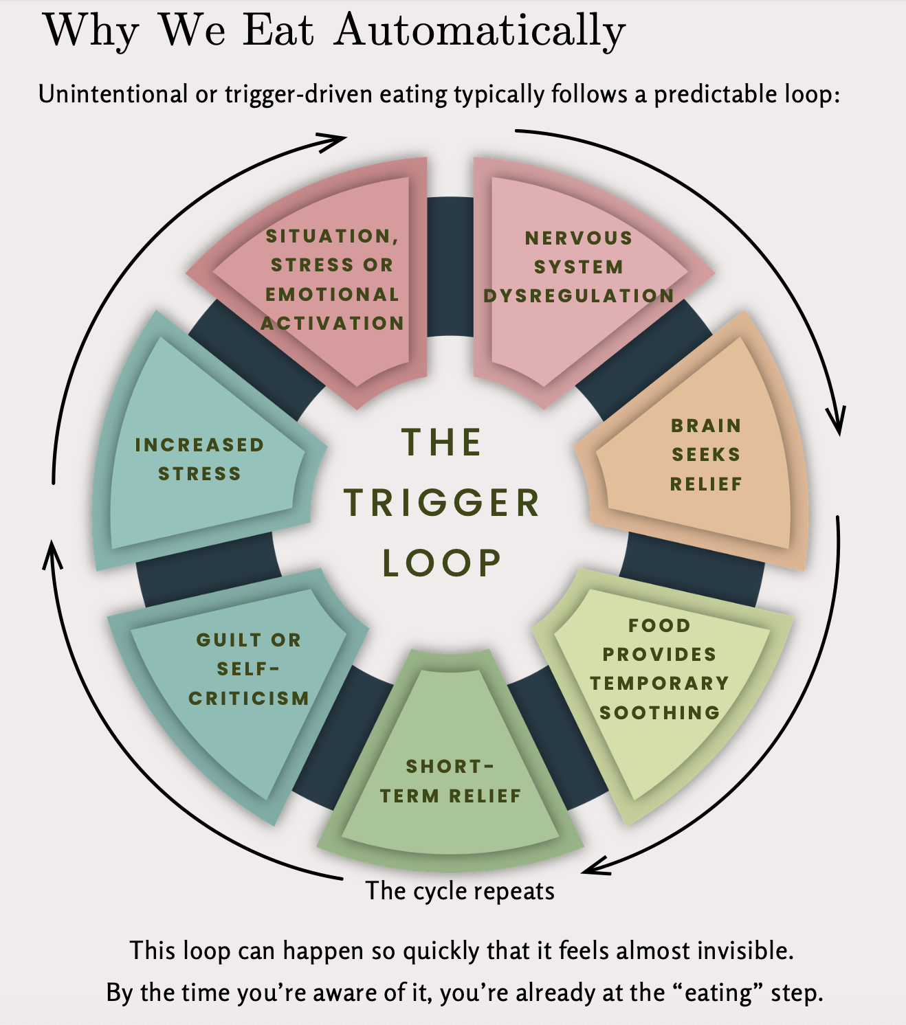 A circular diagram illustrating the cycle of automatic eating, starting with brain seeking relief, food providing temporary soothing, short-term relief, guilt or self-criticism, increased stress, situation stress or emotional activation, nervous system dysregulation, and ending with the cycle repeating clockwise.