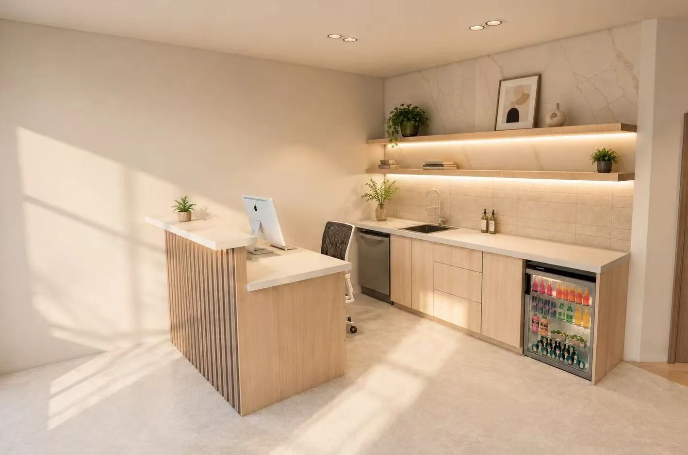 Reception area at Larch House Physio & Movement, a boutique physiotherapy and rehabilitation clinic in Ottawa designed to welcome patients and community partners.