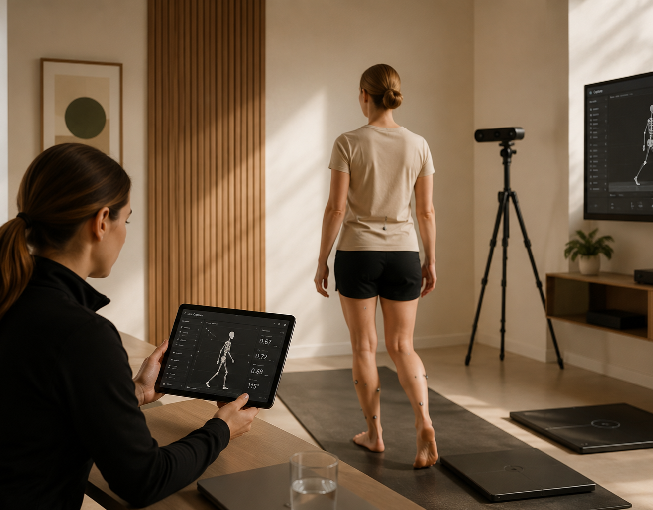 Physiotherapist performing gait and movement analysis using technology-assisted assessment at Larch House Physio & Movement.