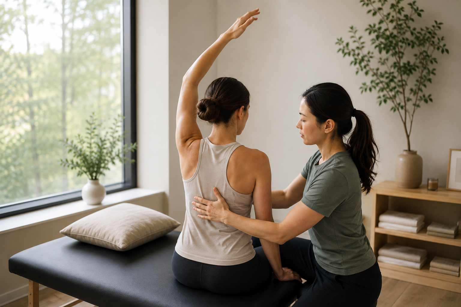 A physical therapist helping a woman with shoulder exercises in a therapy session in a bright room with large window and indoor plants.