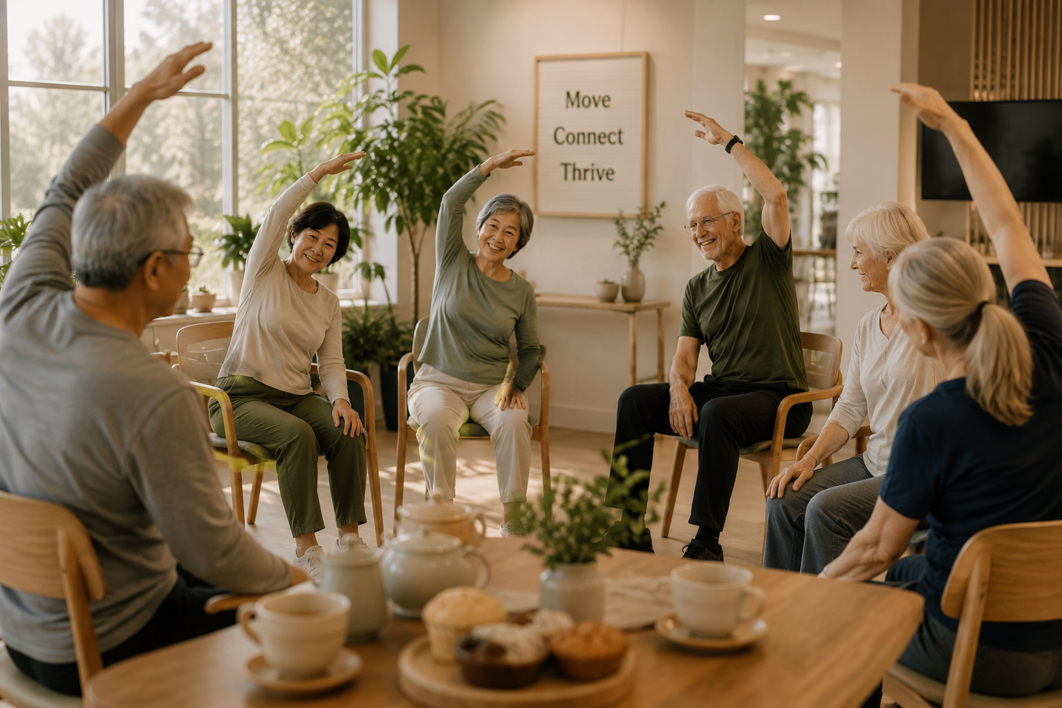 Older adults enjoying gentle movement and conversation during a Tea & Mobility community program at Larch House Physio & Movement in Stittsville, Ontario.