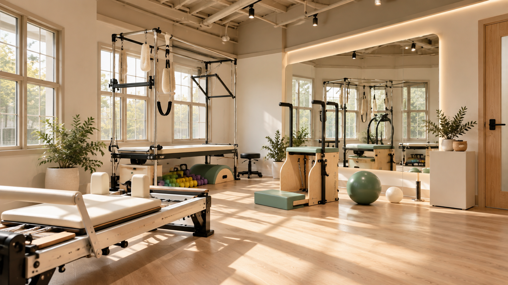 Bright Pilates and rehabilitation studio at Larch House Physio & Movement in Stittsville, with Reformers, Stability Chair and exercise equipment.