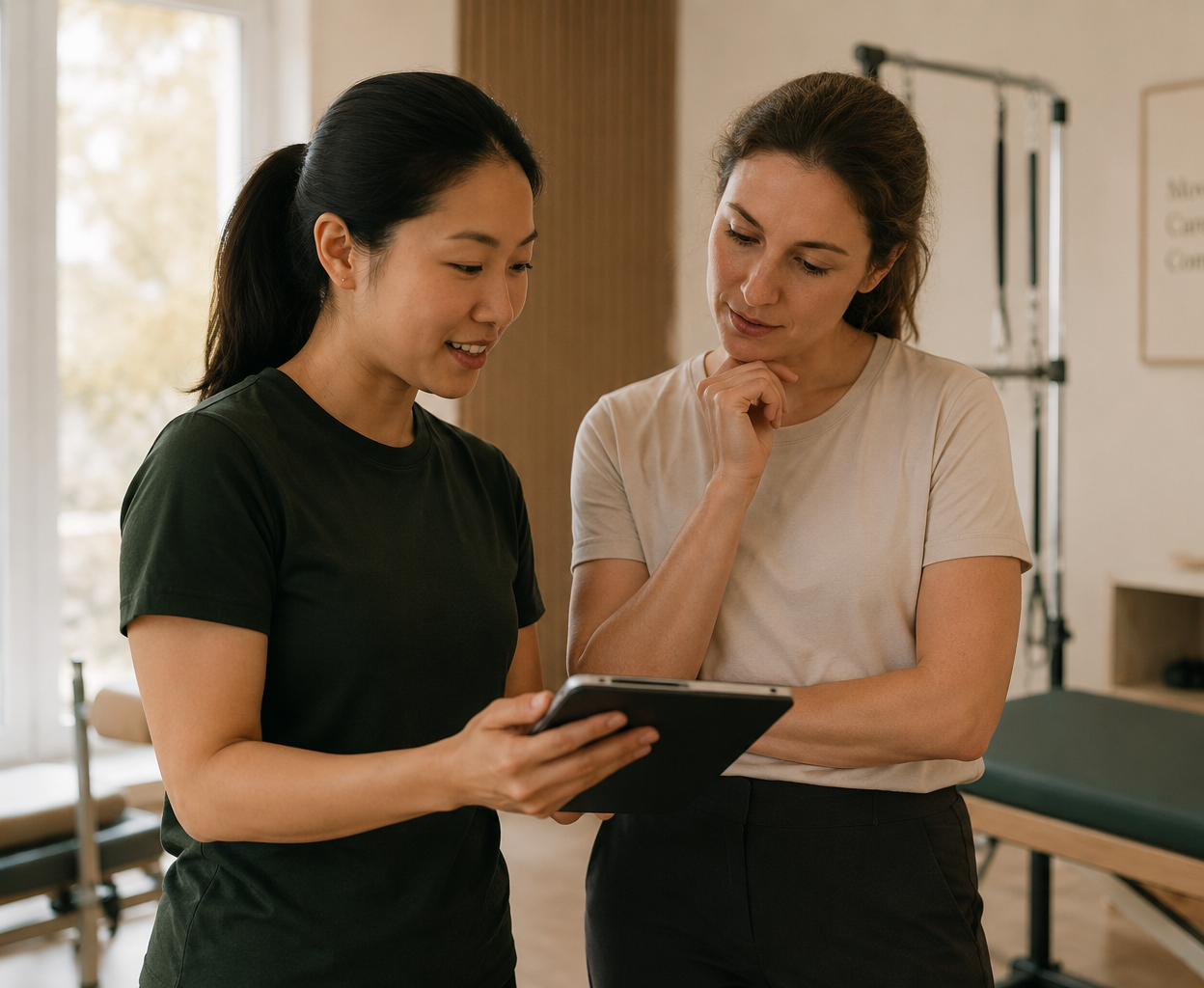 Two clinicians collaborating in a rehabilitation setting, representing the supportive and thoughtful culture of the Larch House team.