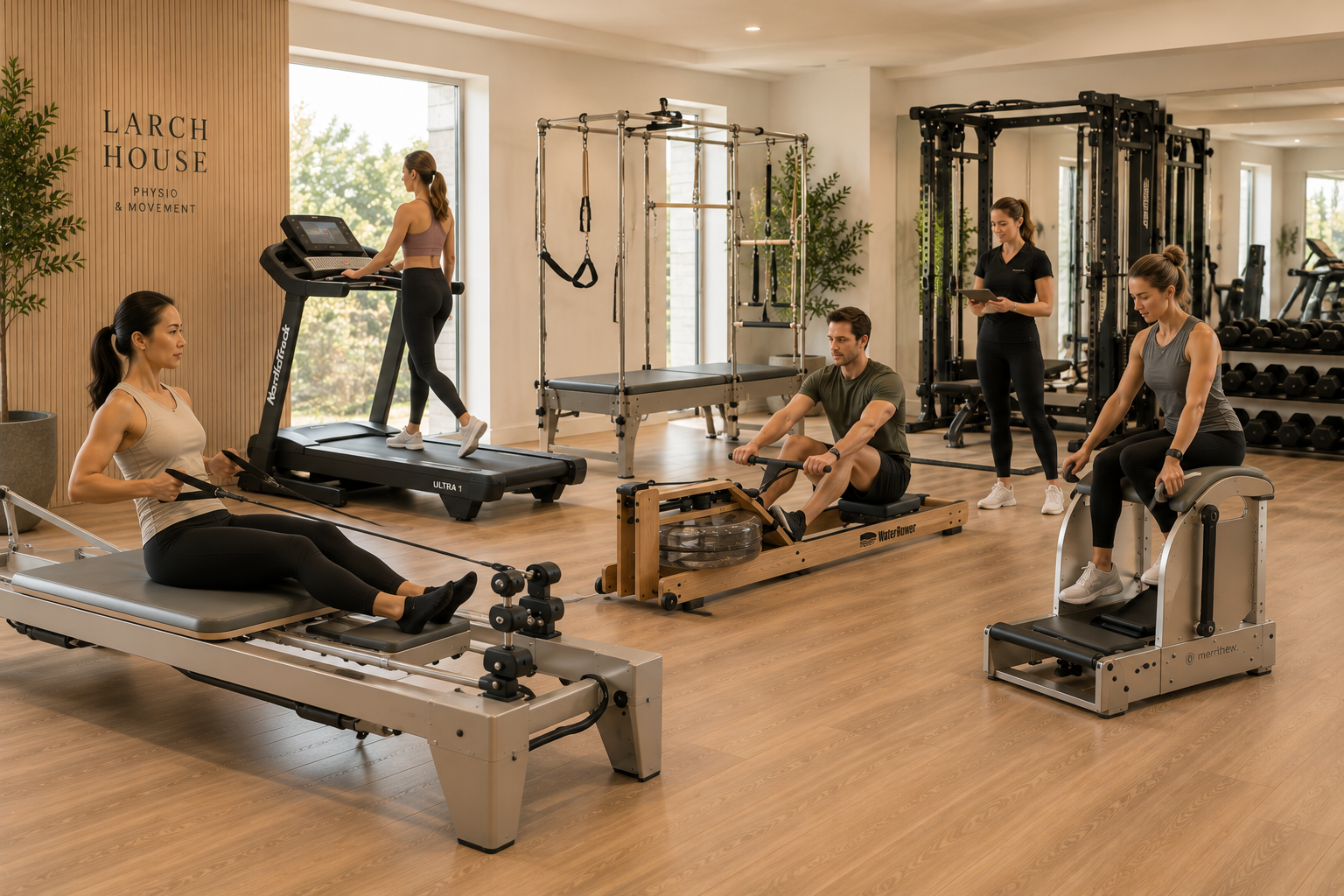 A group of people working out in a modern gym with various fitness equipment, including a treadmill, rowing machine, and a recumbent stepper.