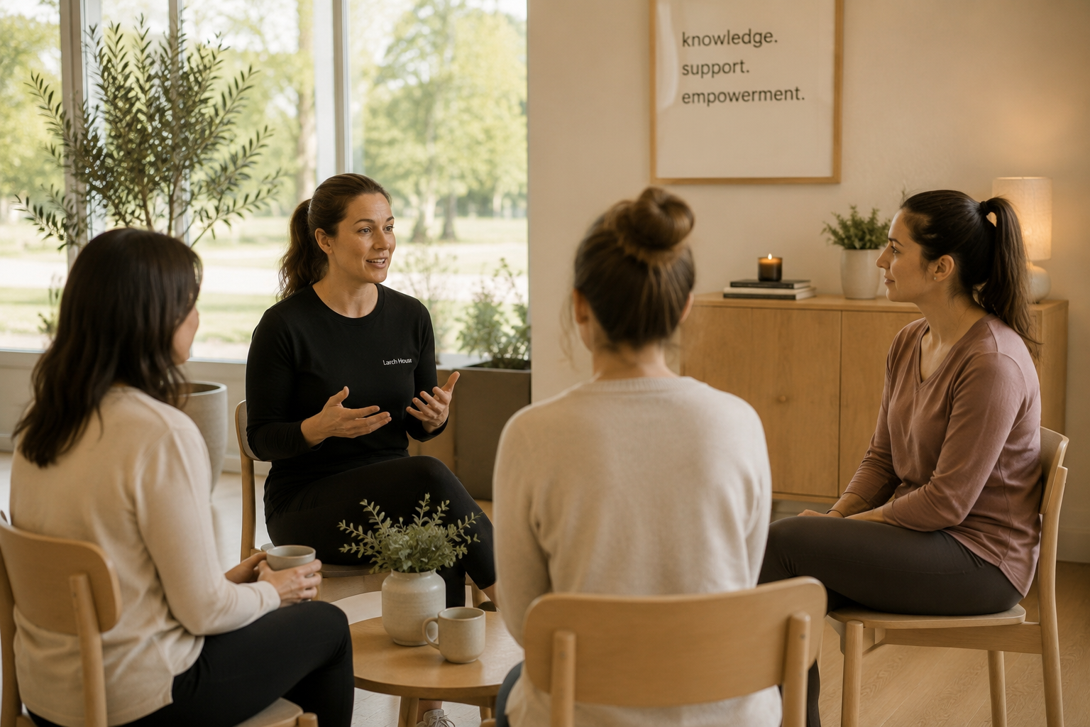 Women participating in a pelvic health workshop at Larch House, discussing pregnancy, postpartum recovery, and women’s health in a supportive environment.