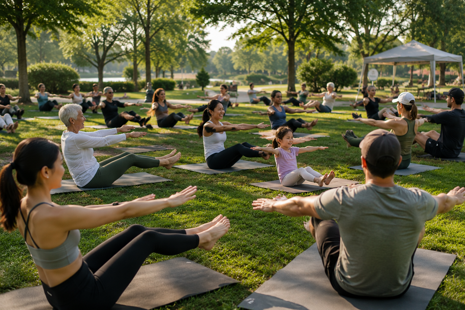 People of all ages enjoying a free Pilates in the Park class hosted by Larch House Physio & Movement in Stittsville & Kanata, Ontario.