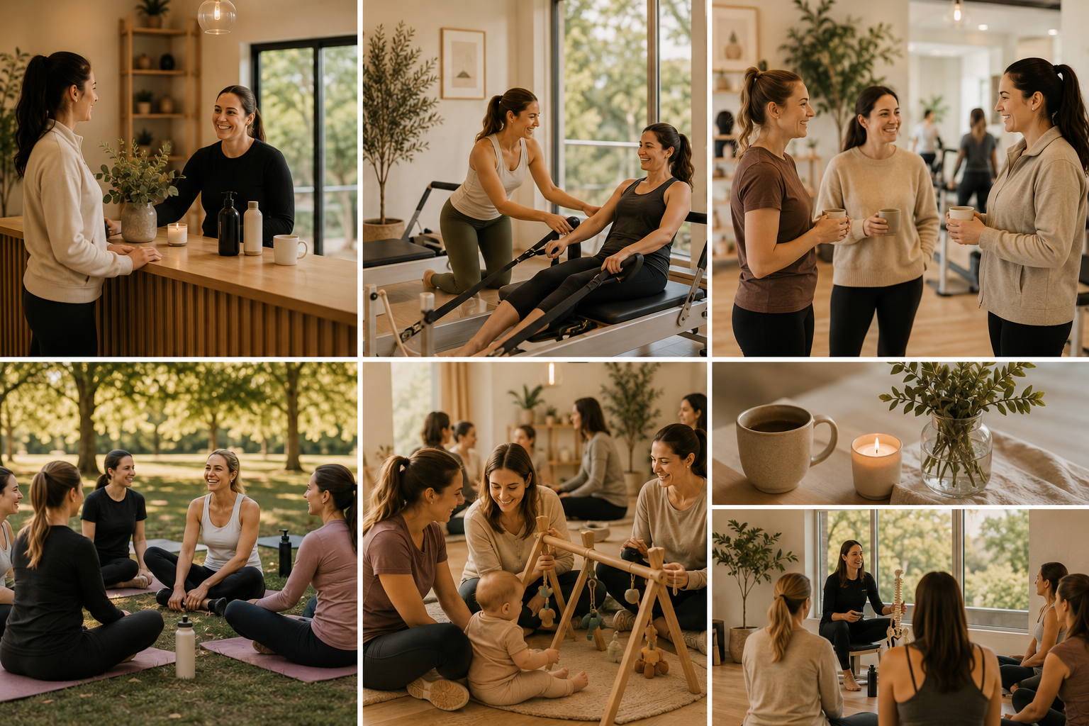 A collage of community events including Pilates in the Park, mothers groups, wellness workshops, and movement classes at Larch House.