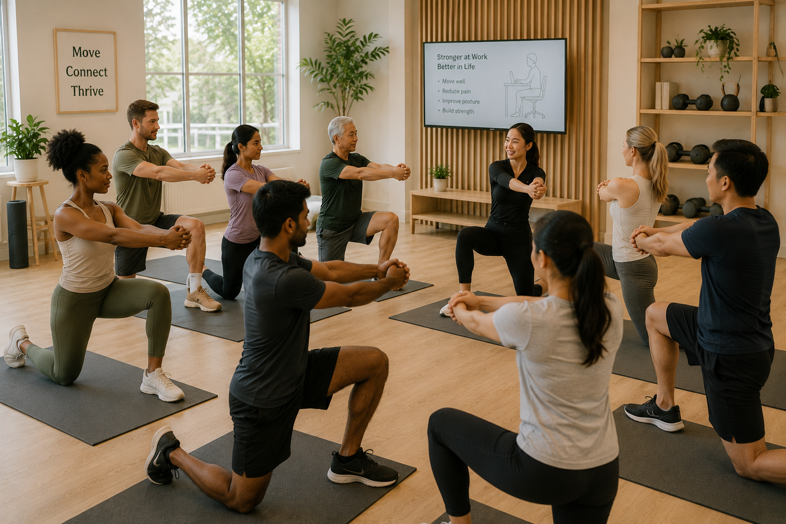 A diverse group of adults participating in a small-group movement workshop led by a physiotherapist at Larch House Physio & Movement in Stittsville & Kanata, Ontario.