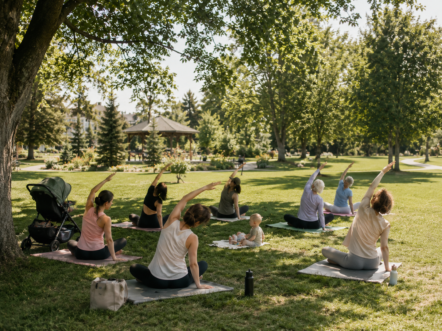 Community members participating in an outdoor Pilates and mobility class in a local Stittsville park.