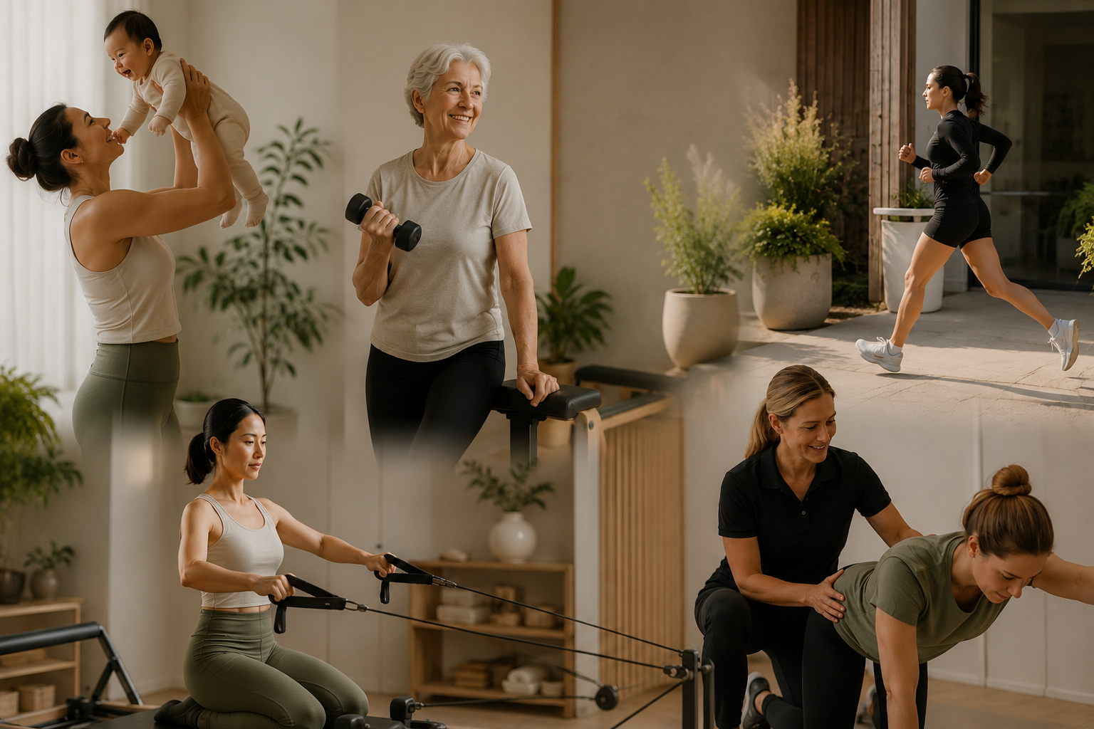 Women of different ages participating in physiotherapy, Pilates, rehabilitation, and movement activities in a warm wellness studio at Larch House Physio & Movement in Ottawa.