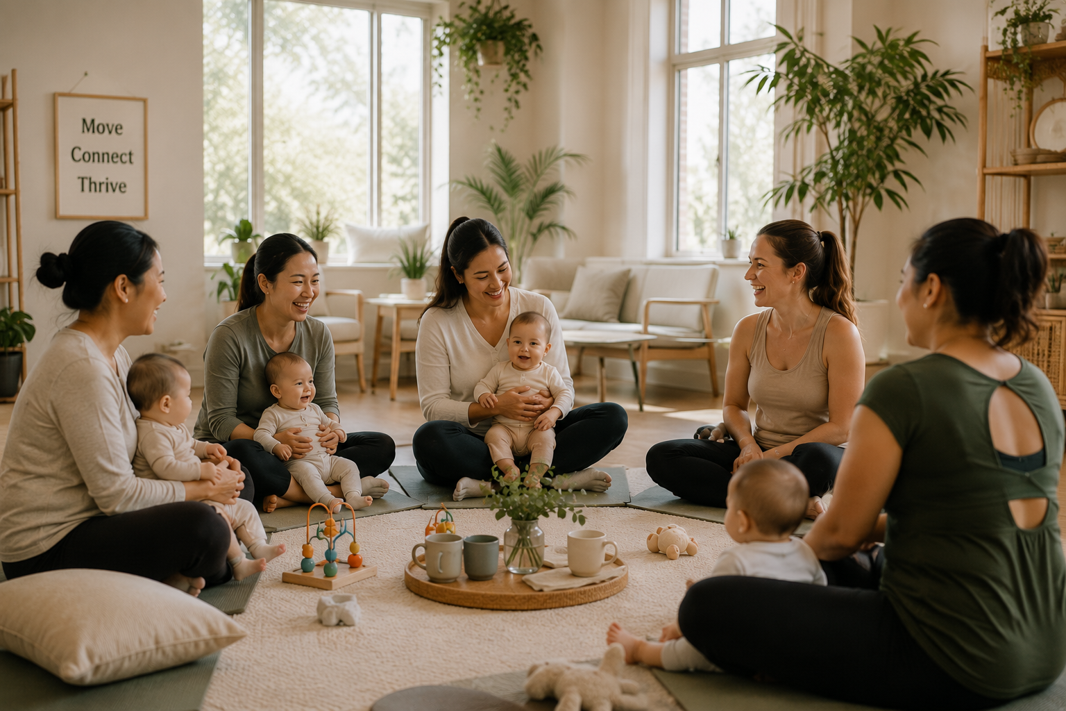 Mothers and babies gathering for The Nest postpartum support and movement program at Larch House Physio & Movement in Stittsville & Kanata & Ottawa, Ontario.