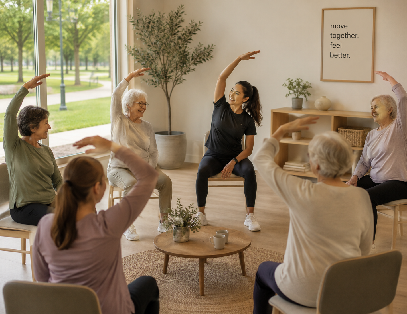 Older adults participating in a gentle mobility class and social gathering focused on movement and connection.