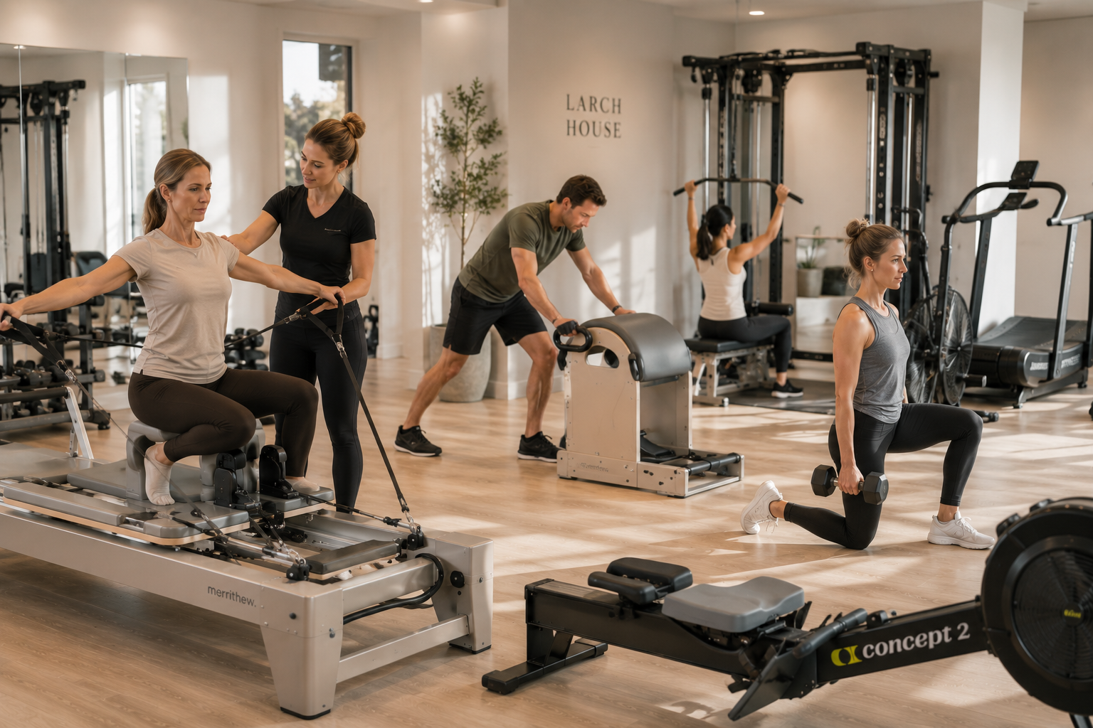 People exercising in a gym with various equipment, including a woman on a reformer machine, a woman doing a weighted lunge, a man with a rowing machine, and a woman lifting weights.