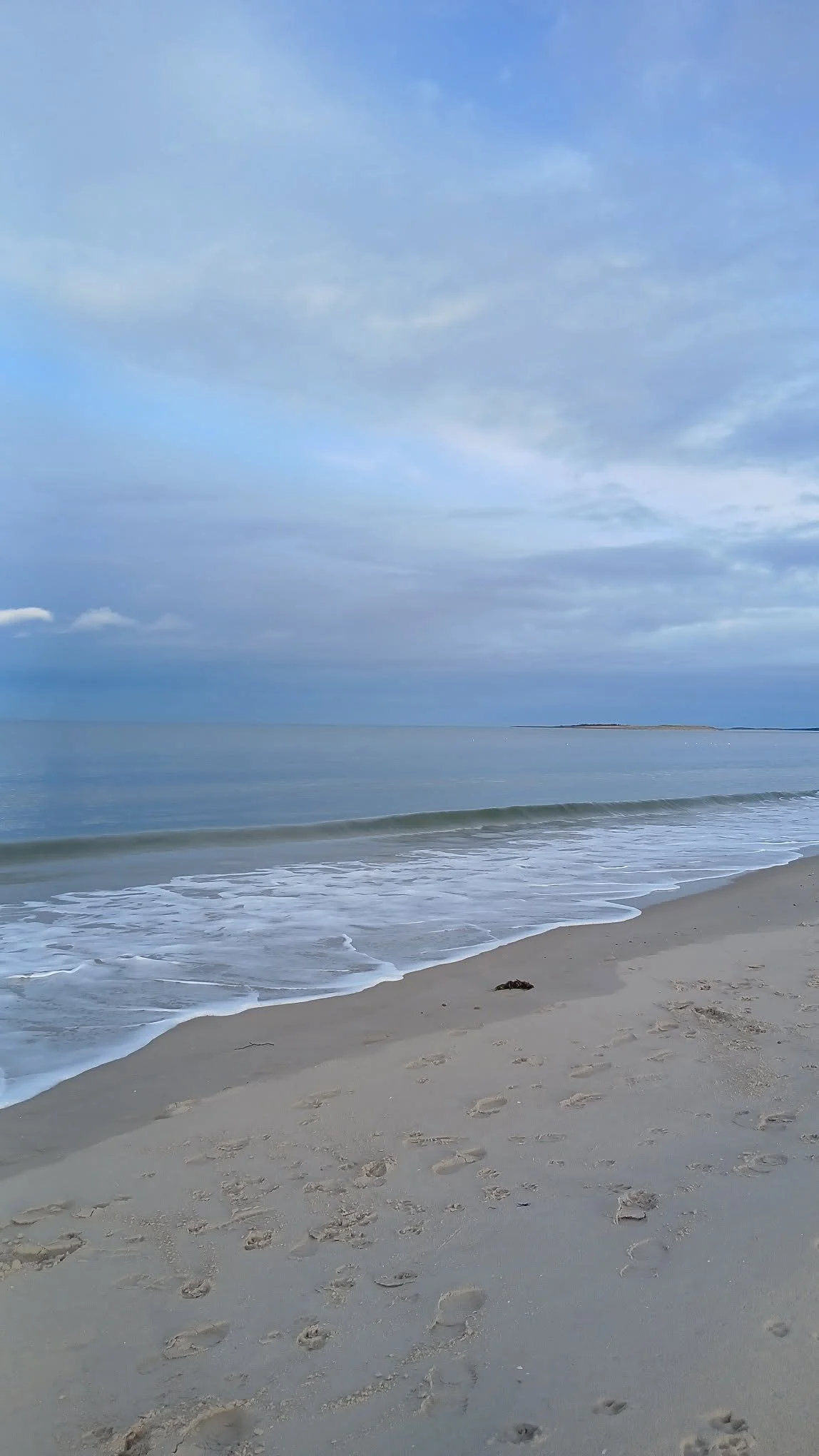 Footprints on sandy beach near the ocean with a cloudy sky overhead and a distant landmass on the horizon.