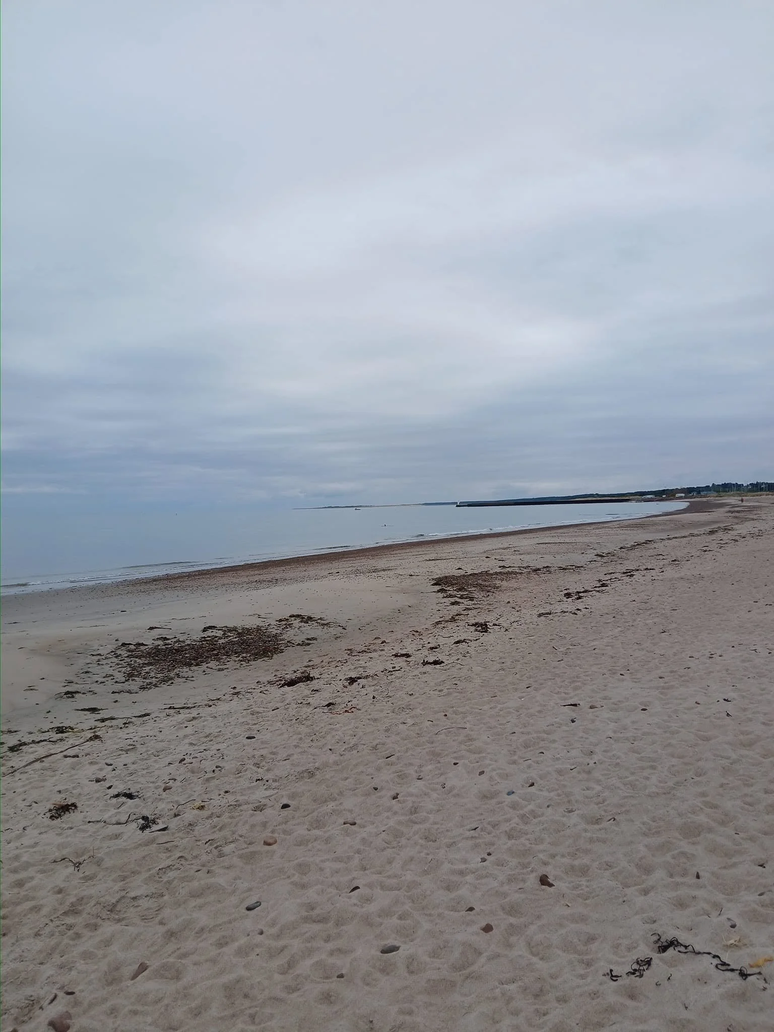 A sandy beach with footprints and seaweed, looking out to calm water and cloudy sky.
