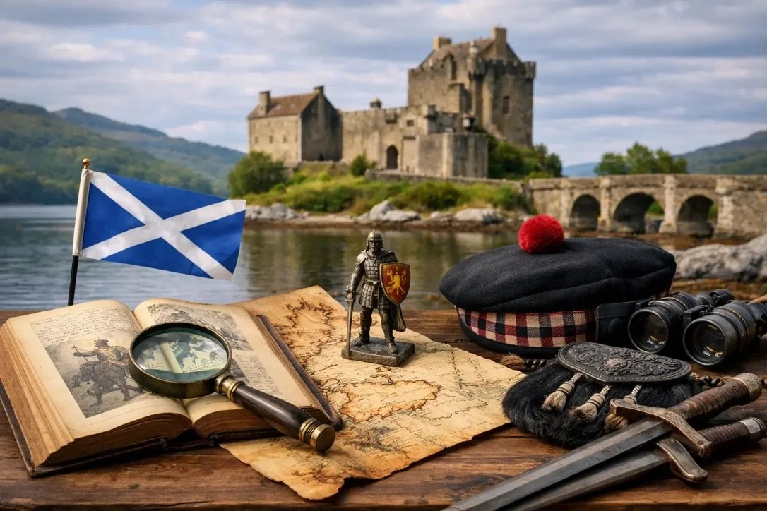 A Scottish-themed scene with a castle in the background, a Scottish flag, a magnifying glass on an open historical book, a small statue of a Scottish soldier, a traditional Scottish cap with a red pom-pom, binoculars, and medieval swords on a wooden surface.