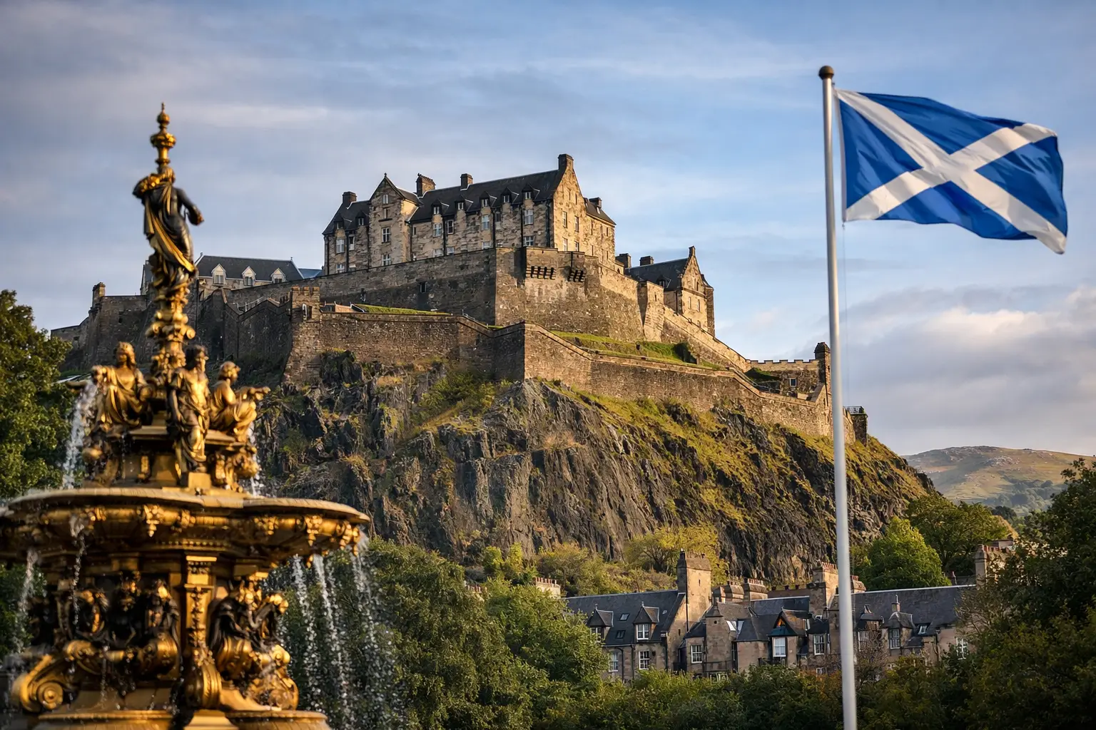 A castle on a hilltop with a Scottish flag and a decorative fountain in the foreground.