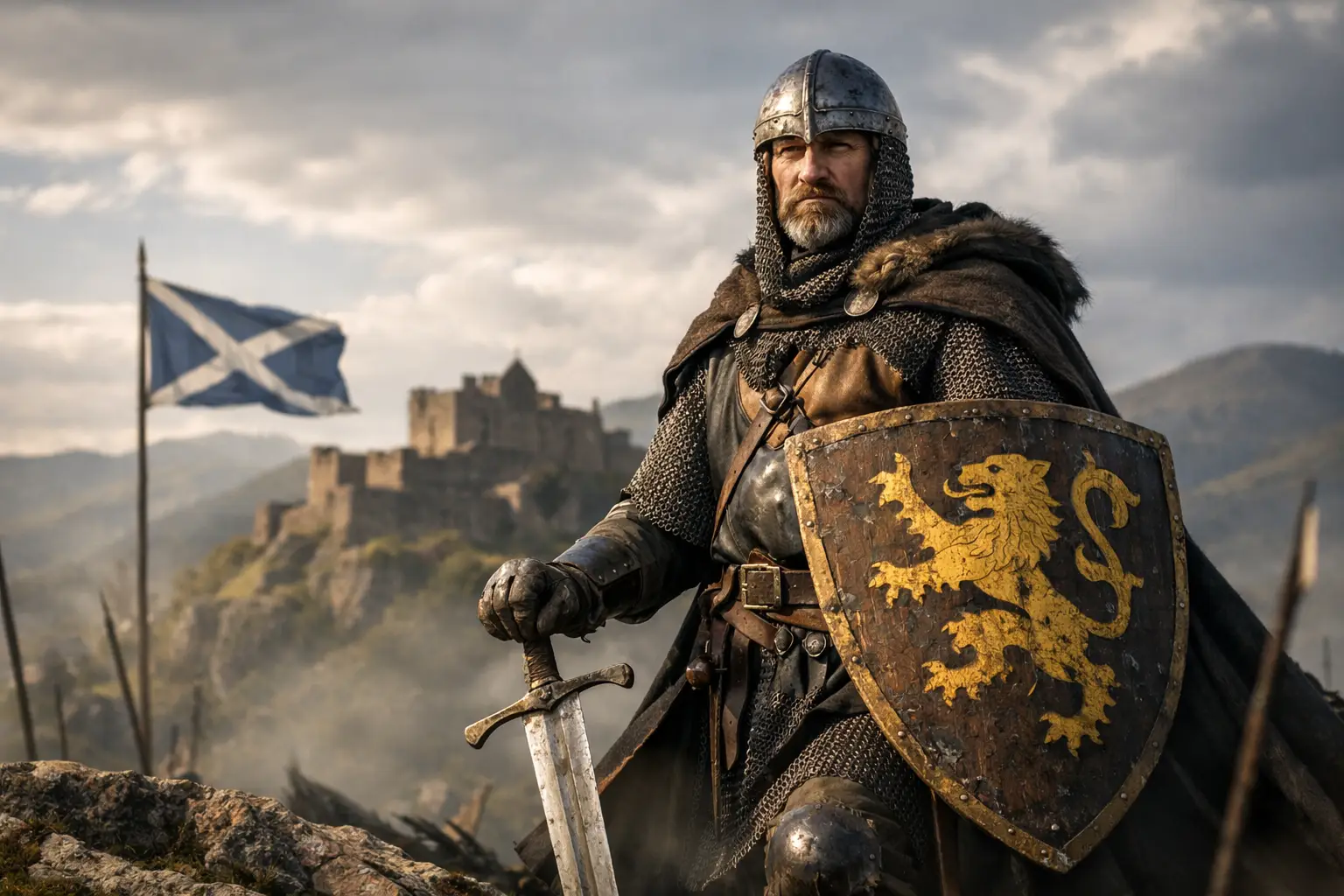 A medieval knight wearing chainmail, armor, and a helmet holding a sword, standing in front of a castle with a Scottish flag and mountains in the background.