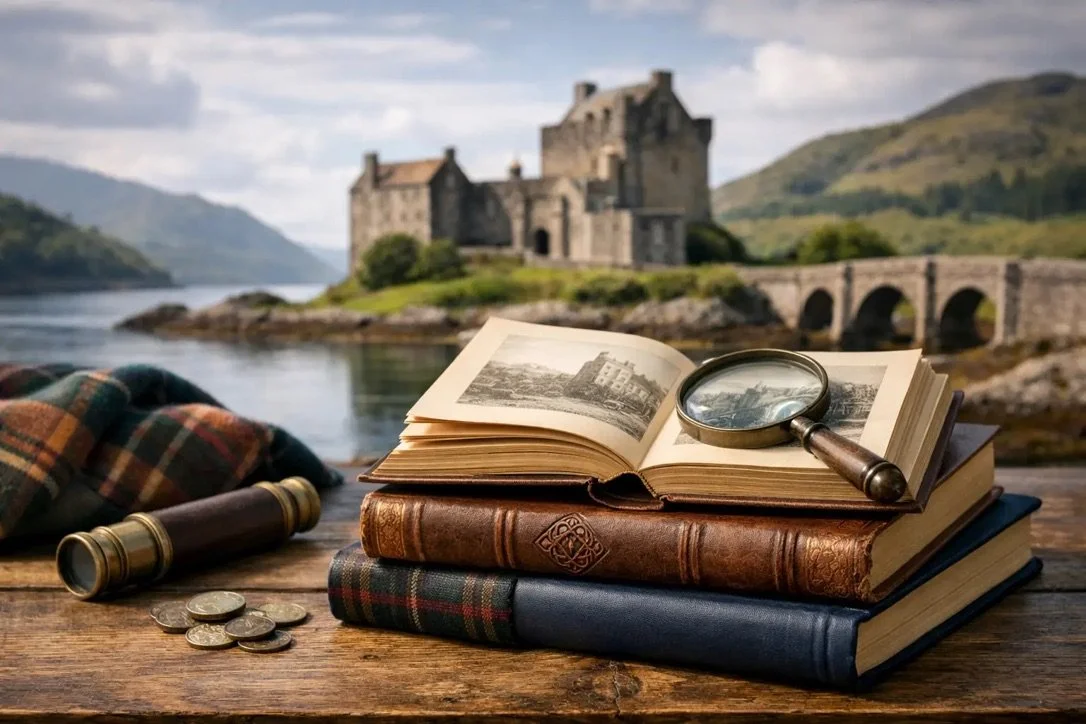 An open book with a magnifying glass on top, beside a closed book and a vintage telescope on a wooden table, with a castle and bridge in the background near a body of water and hills.