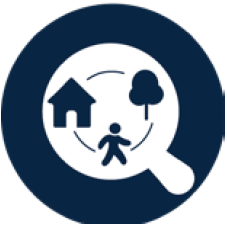 A round icon image of a circular system connecting a person, a tree, and a house. This is mean to represent Land Use and Zoning.