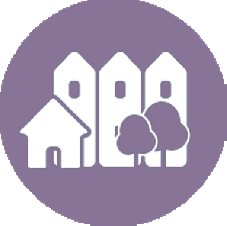 A round icon with a mix of housing types, such as apartments and single family homes within a neighborhood. there are two trees in the middle. This is meant to represent housing strategy.