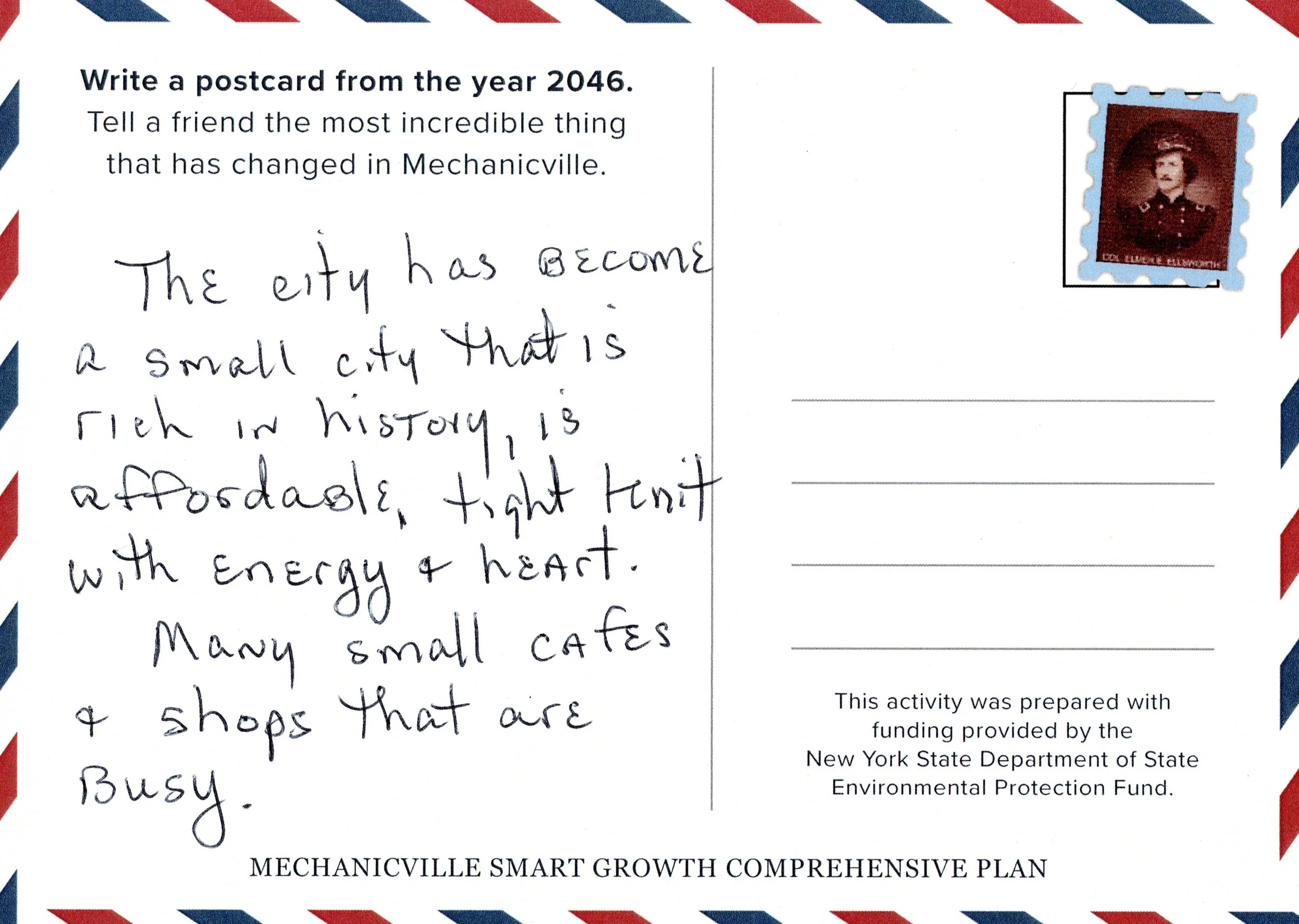 An image of a postcard completed by a committee member detailing what they hope the future of mechanicville to be.