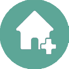 A round icon with a house and a small aid sign in the center of it. This is mean to represent community services.