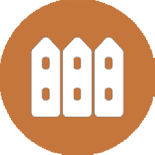 A round icon with three buildings in the center of it. This is meant to represent Economic Development.