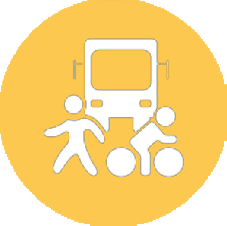 A round icon with different modes of transportation, walking, biking, and bus. This is meant to represent transportation framework.