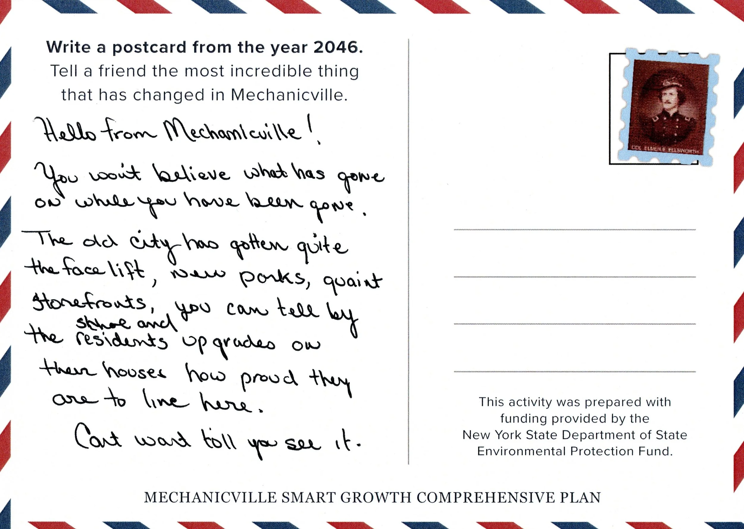 An image of a postcard completed by a committee member detailing what they hope the future of mechanicville to be.