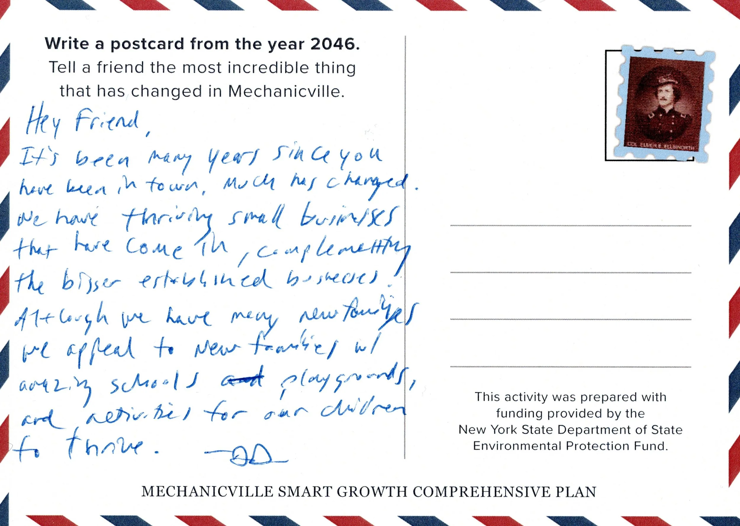 An image of a postcard completed by a committee member detailing what they hope the future of mechanicville to be.