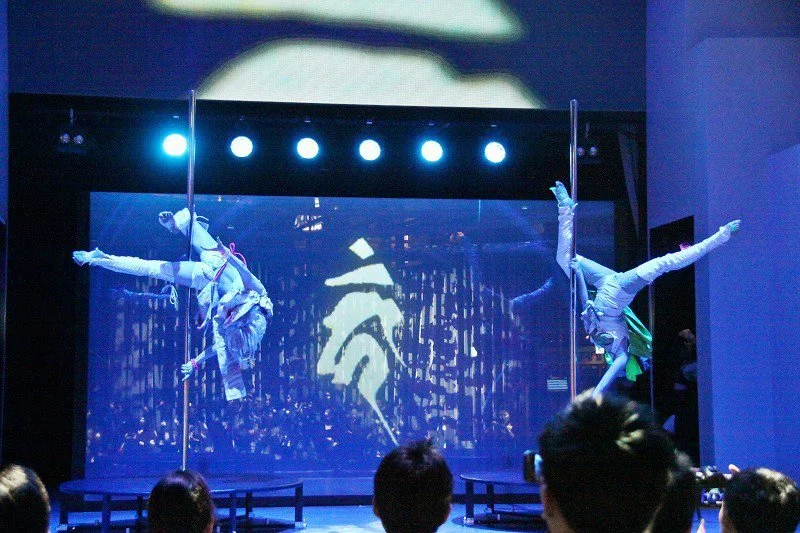 Bionic Trigger by Tokyo Dolores, an anime-inspired performance combining pole dance, visual effects, and physical theatre. Presented at venues including Lucca Comics & Games, the work explores a battle between a new form of humanity and the fixed con