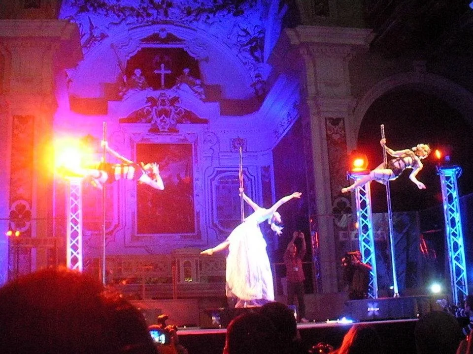 Performance by Tokyo Dolores at Lucca Comics & Games, Italy. A multidisciplinary stage work combining aerial movement, theatrical storytelling, and contemporary performance.