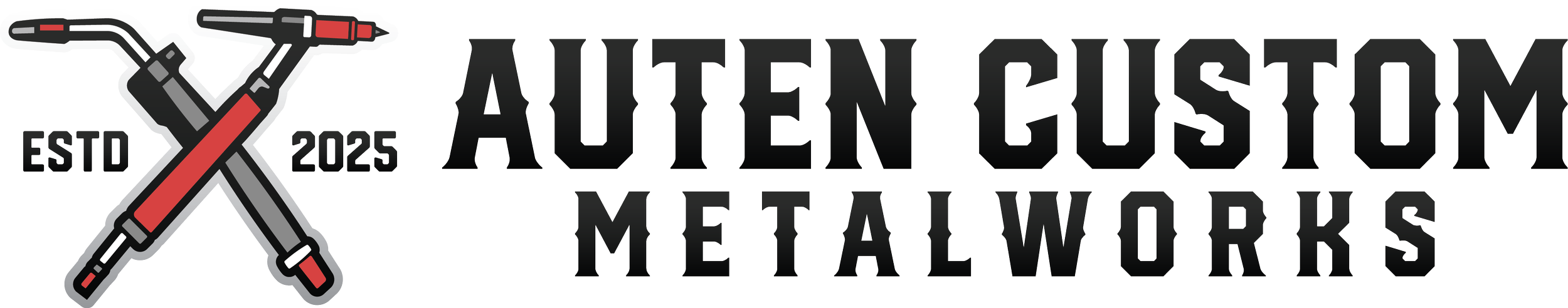 Logo for Auten Custom Metalworks, established in 2025, with crossed welding torches in black, red, and gray colors.